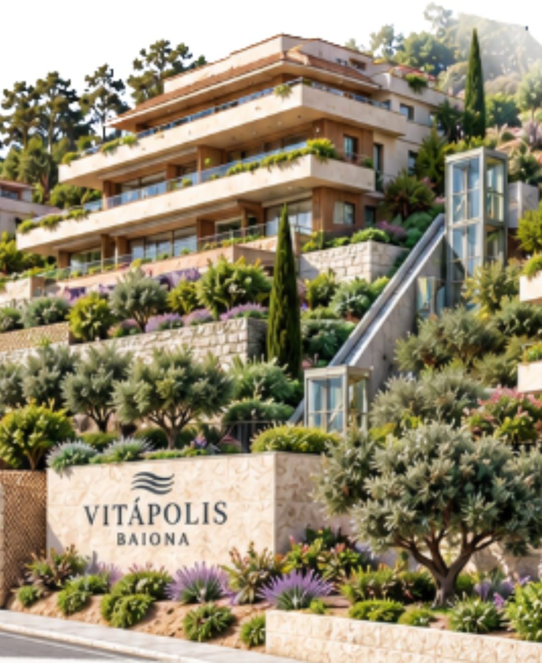 Recreación del edificio de Vitapolis Baiona entre jardines en terrazas