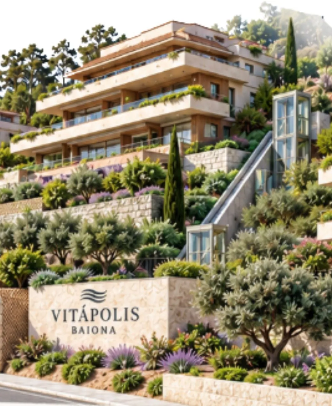 Recreación del edificio de Vitapolis Baiona entre jardines en terrazas