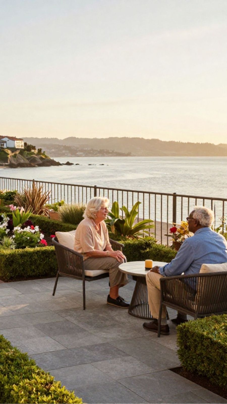 Pareja mayor conversando en una terraza con vistas al mar