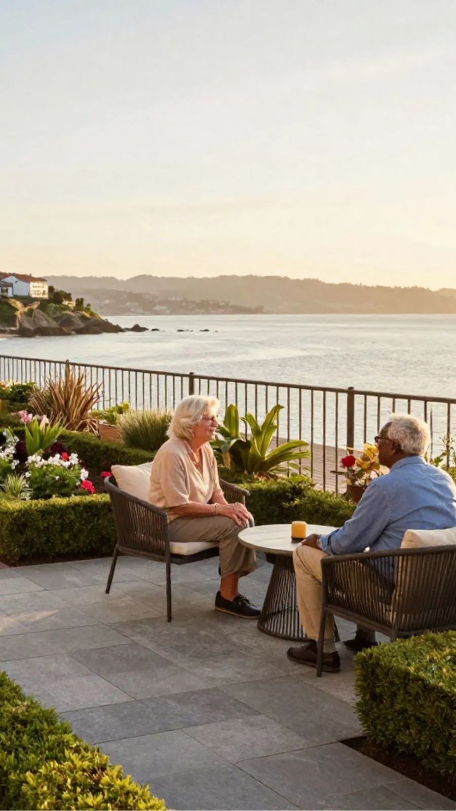 Pareja mayor conversando en una terraza con vistas al mar